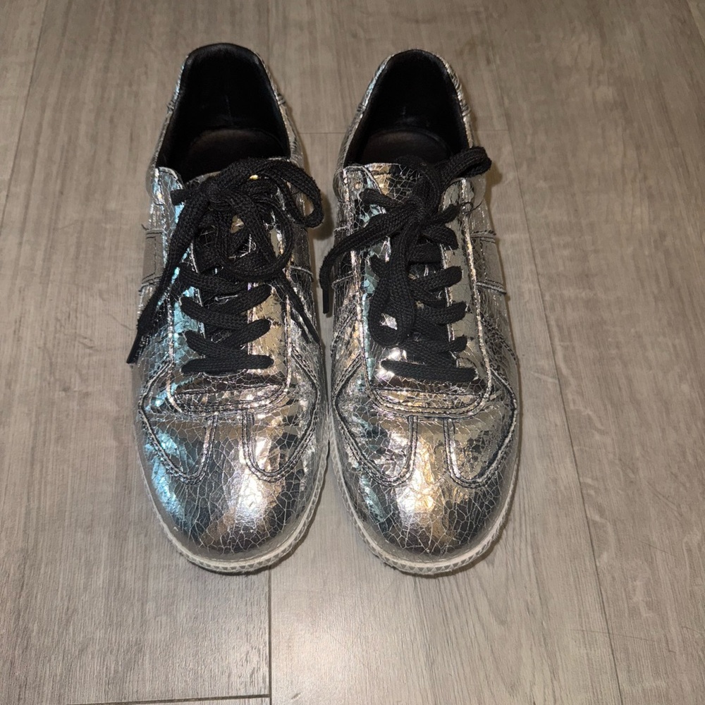 Silver Metallic Sneakers with Black Laces